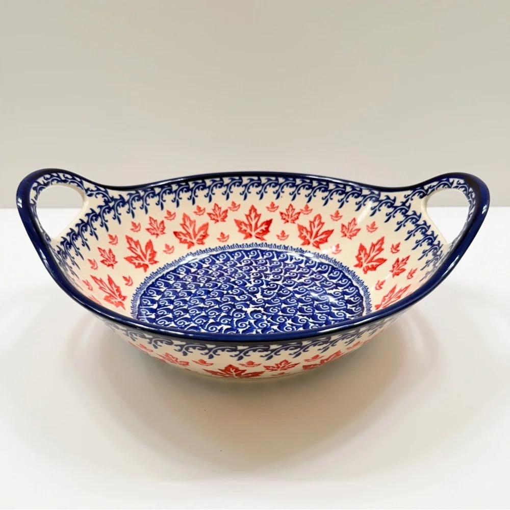 Boleslawiec Zaklady Polish‎ Pottery Red Maple Leaf Bowl Handles 14”, Large RARE